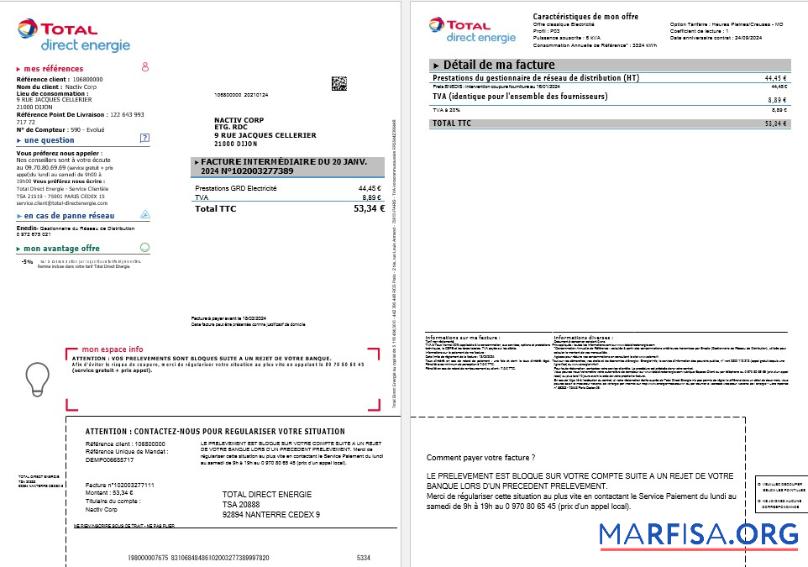 Downloadable France Total Direct Energie business utility bill template in Word and PDF formats1